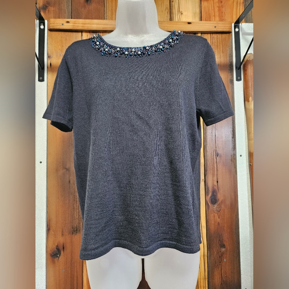 Alfred Dunner Navy Beaded Neckline Tee